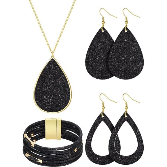 Jewelry - Women's Glitter Jewelry Set Faux Leather Multi-Layer Dangle Earrings Necklace Br